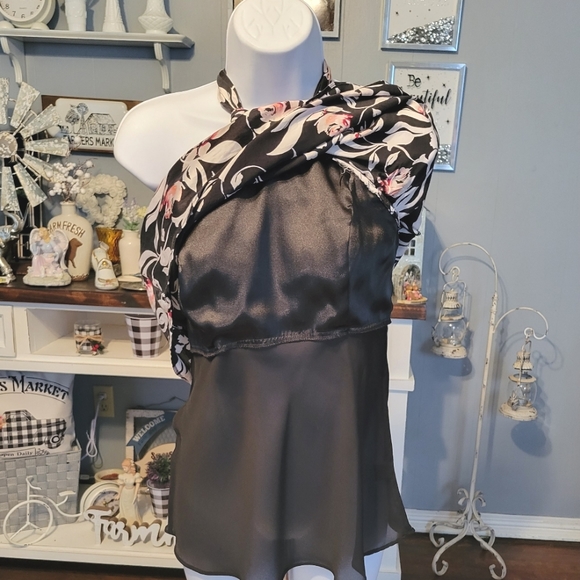 White House Black Market Silk Floral Neck Tie Sleeveless Blouse Halter Tap Sz 4 - Picture 8 of 11